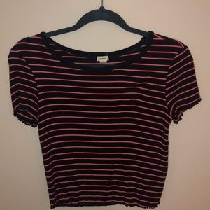 Red And Navy Ribbed Lettuce Edged Tee